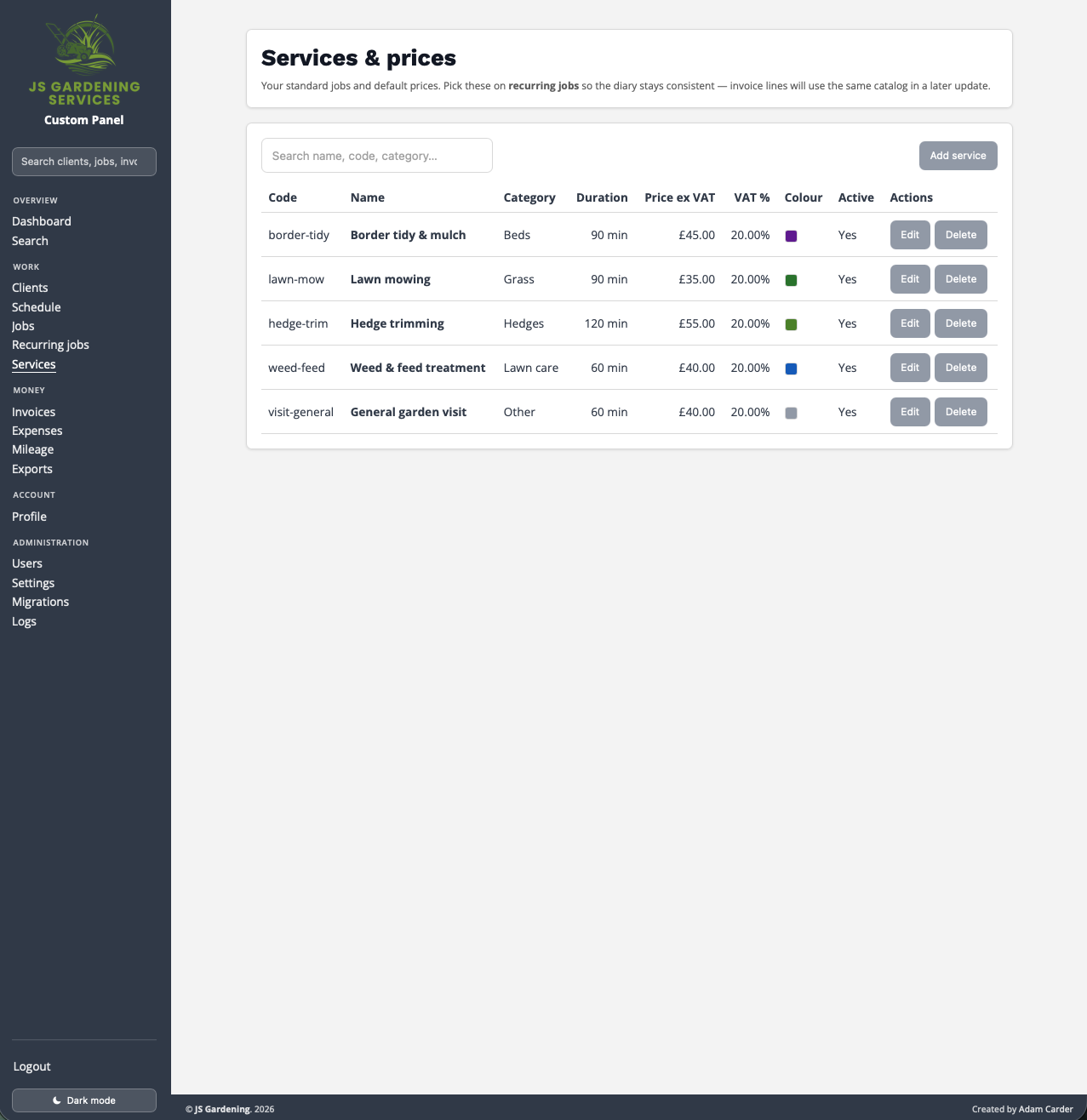 Case study screenshot 4: Services management